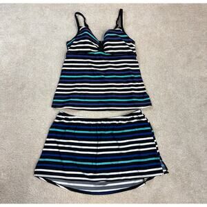 Cacique Swim Striped Underwired Tankini Top 38DD Skirt Size 18